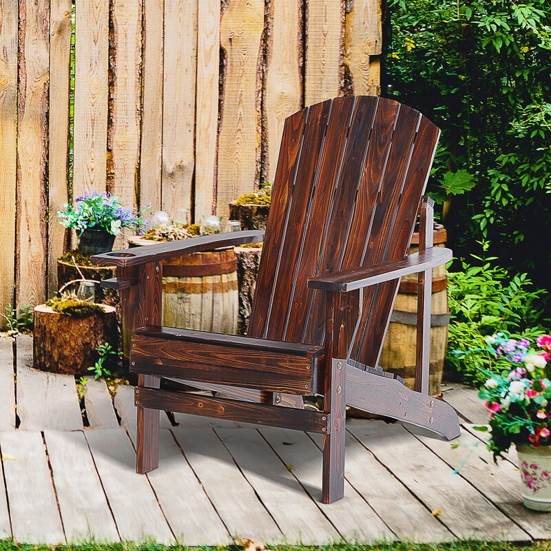 Brown Wood Adirondack Chair Fan Back Backrest Wide Armrests and