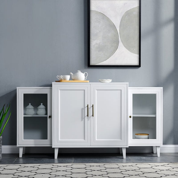 White 62'' Wide Sideboard Two Tempered Glass Doors Frame the Side Sections of this Modern Storage Console, with Two Opaque Wood Door