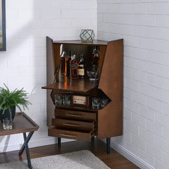 Corner Bar Cabinet Mid-Century Modern Style Geometric Side Panels Frame