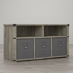Cubby Storage Bench 2 Open Storage Cubbies On Top and 3 Lower Cubbies for Bins, 3 Locker Style Fabric Bins with Metal Fronts